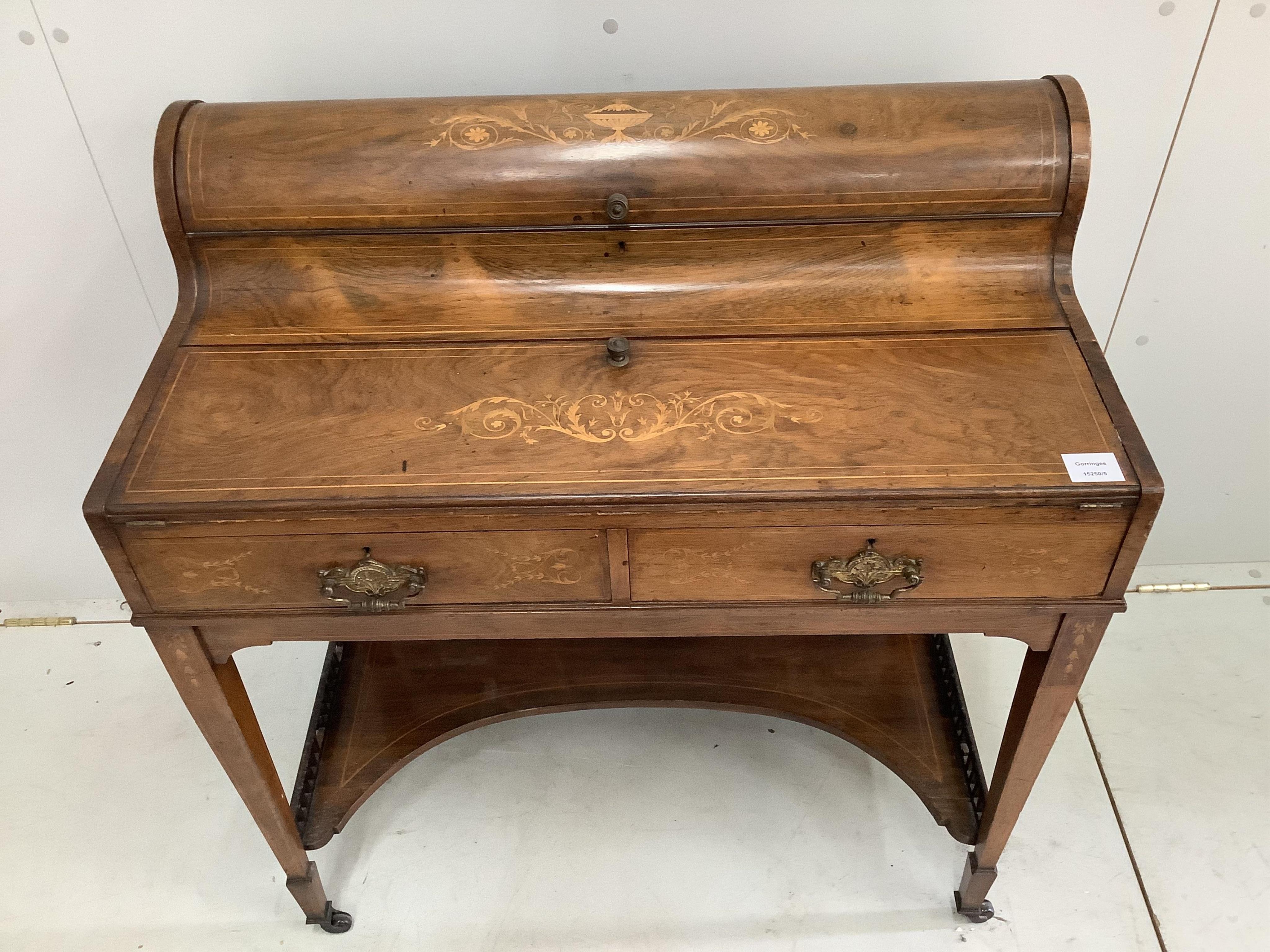 An Edwardian inlaid rosewood bonheur de jour, width 84cm, depth 46cm, height 91cm. Condition - fair